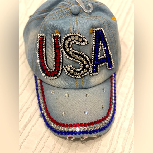 NEW, 🇺🇸 USA Rhinestone Denim Adjustable Baseball Hat,OS - Picture 2 of 4